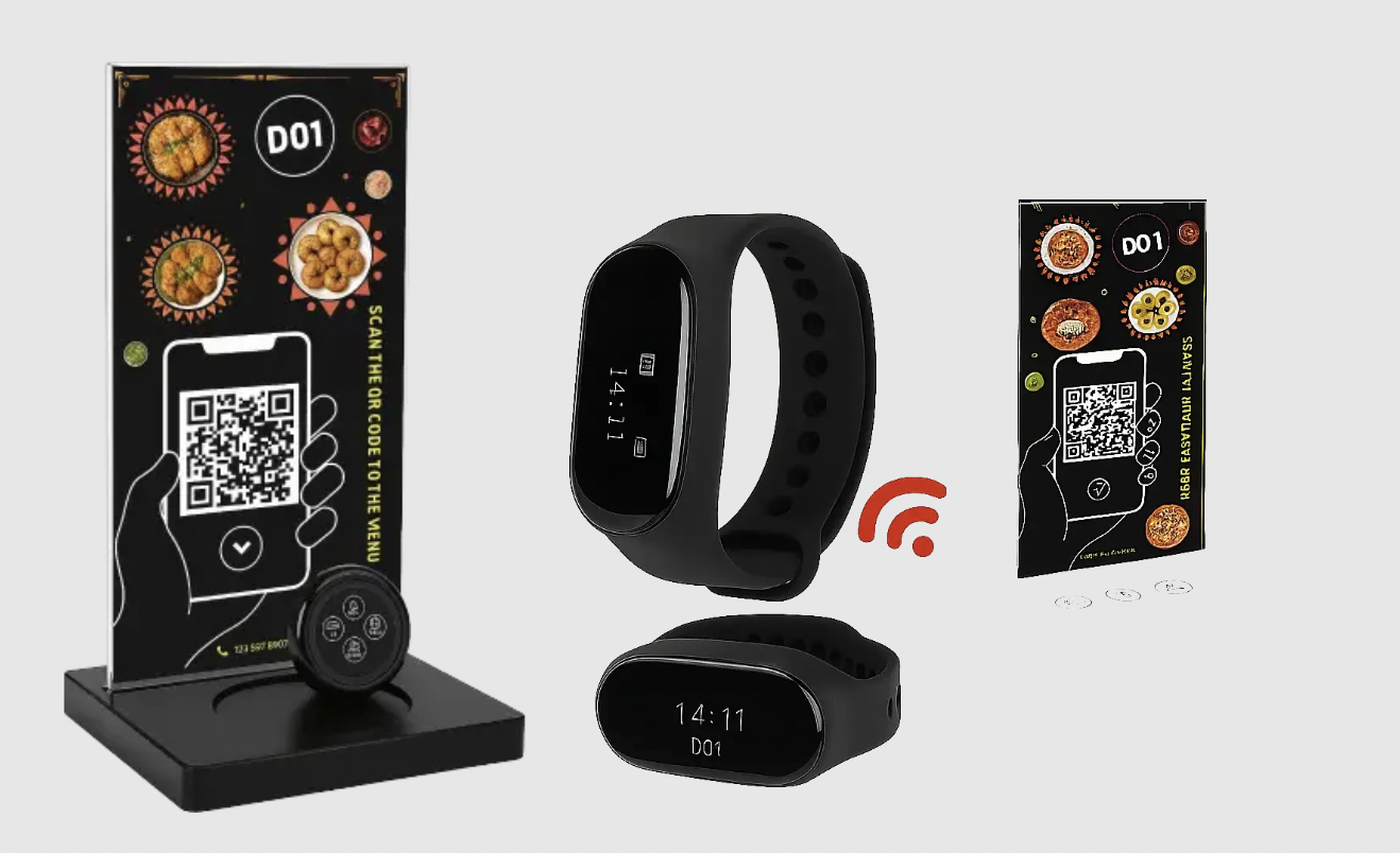 Wireless waiter calling system with table call button, digital menu display, and wearable wristband pager for restaurant staff.